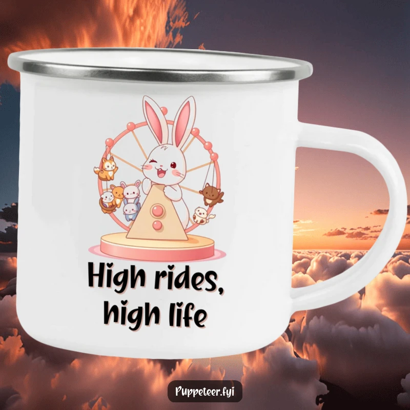 Funny camping mug design of a joyful bunny operating a Ferris wheel of small animal puppets, perfect for adventures.