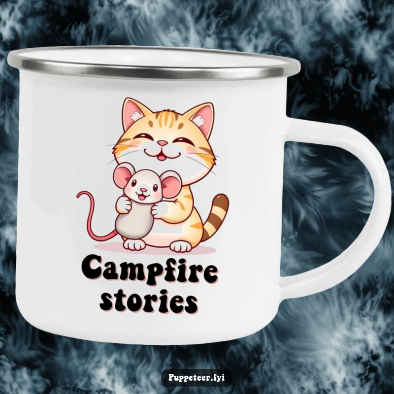 Funny camping mug with a giggling cat proudly displaying a mouse puppet, perfect for drinks during outdoor fun.