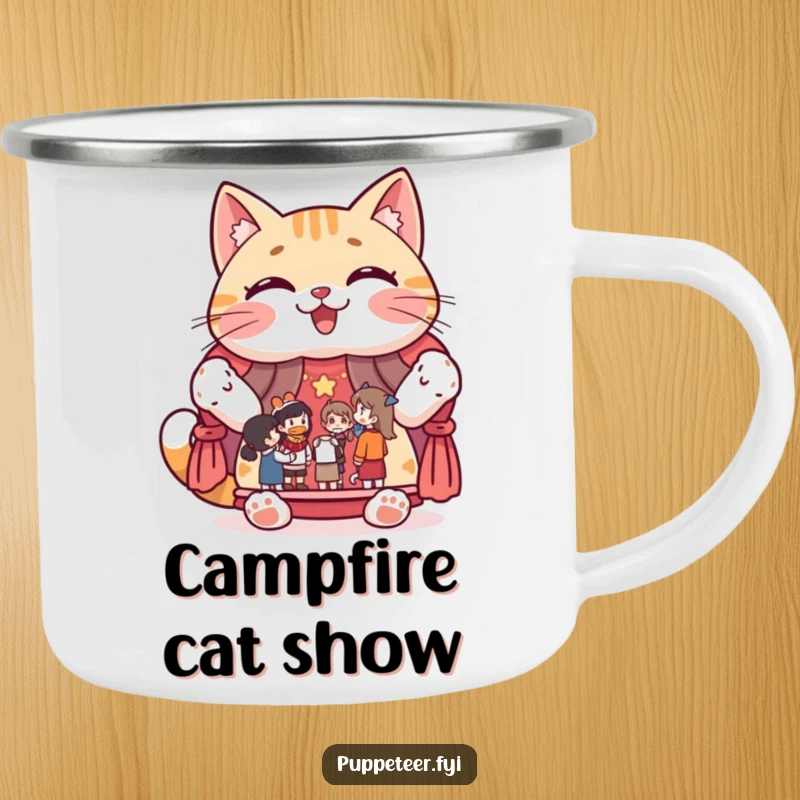Funny camping mug showing a giggling cat character proudly displaying a puppet show stage with figures, for outdoor fun.