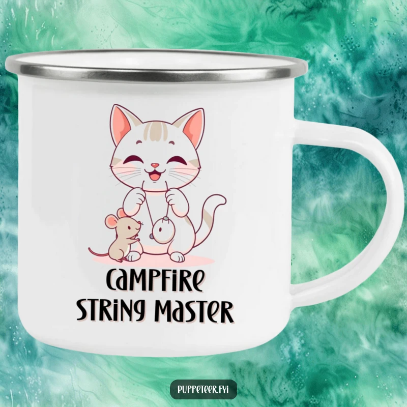 Funny cat camping mug with a happy cat manipulating strings, making a small mouse toy jump, perfect for outdoor brews.