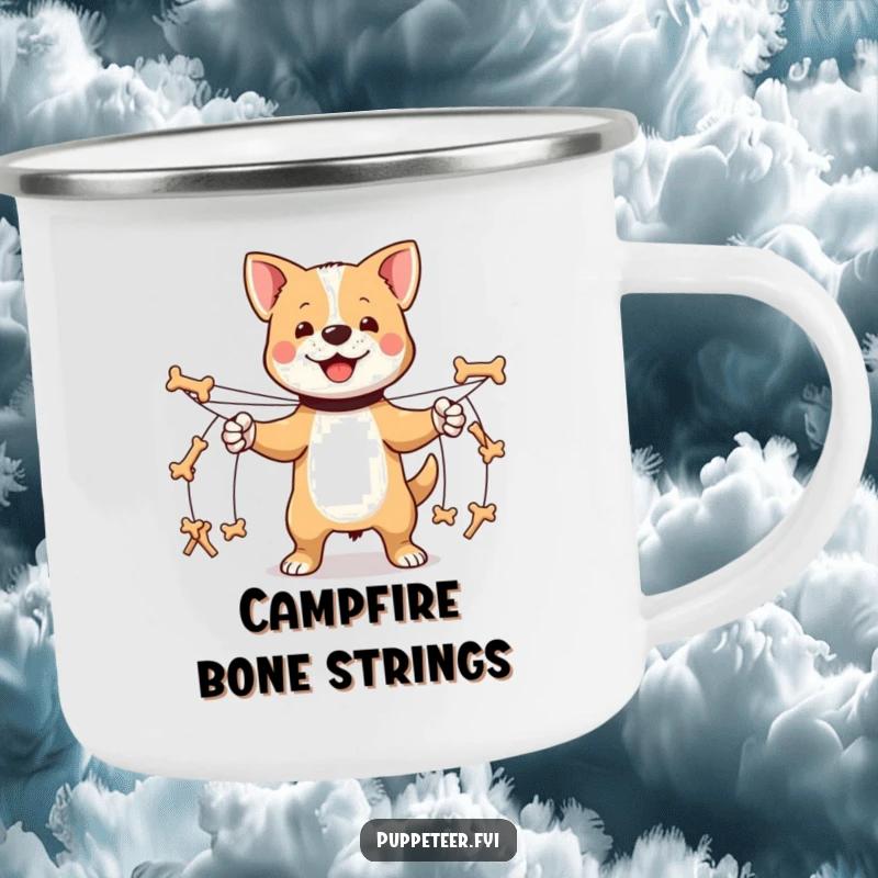 Funny proud dog camping mug with multiple strings making tiny bone-shaped puppets march, for commanding outdoor fun.