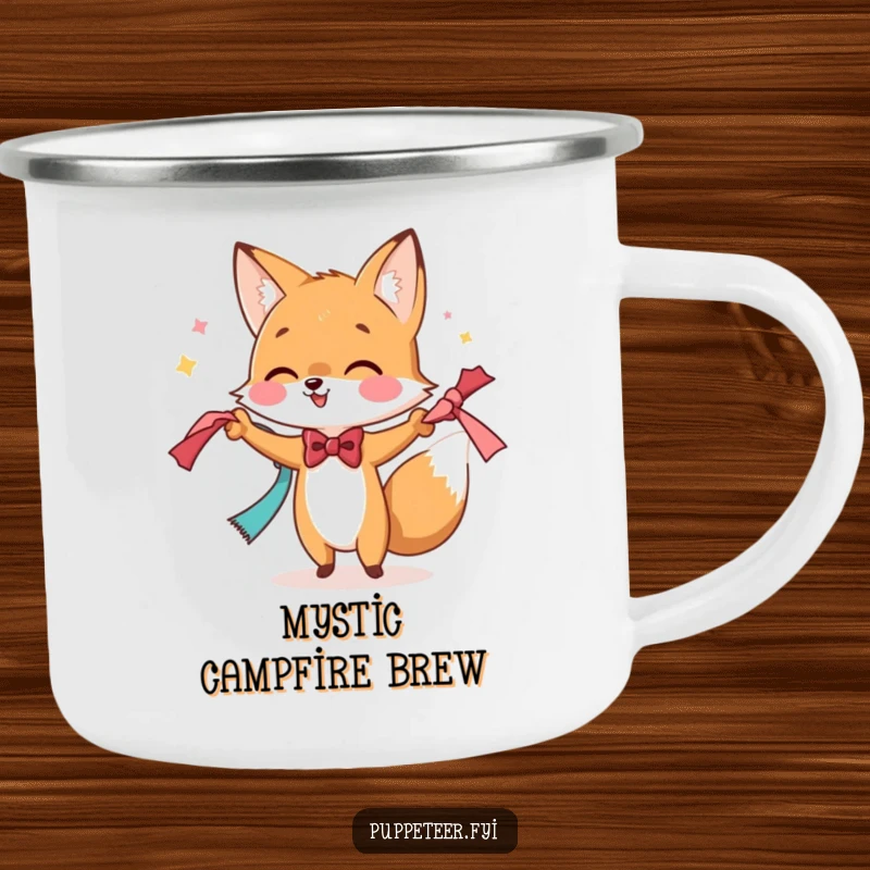 Funny camping mug with a bowtie-wearing fox performing a magic trick with scarves, perfect for outdoor enchantment.