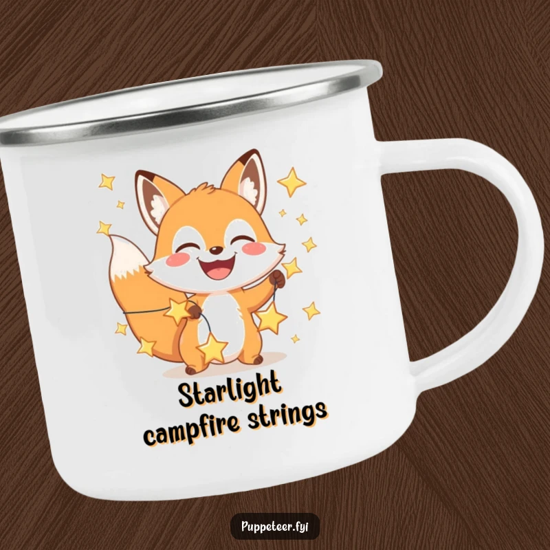Funny happy fox camping mug with a wide grin manipulating a string of shining stars, for starry outdoor fun.
