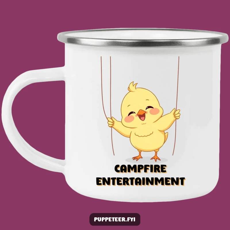Funny Giggling Chick Puppet Camping Mug: Enthusiastic Performer Drinkware for Joyful Adventures