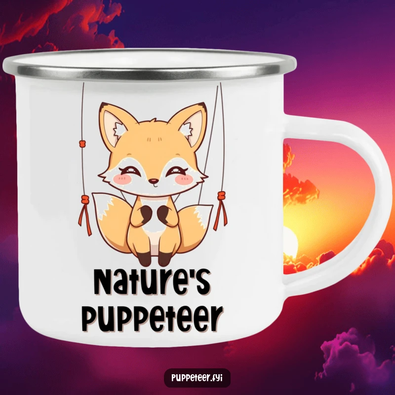 Funny kawaii fox with twinkling eyes gracefully holding puppet strings on an enamel camping mug, great for a funny gift.