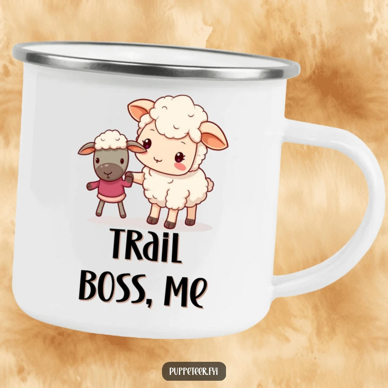 Funny camping mug featuring a gentle kawaii sheep guiding a puppet, perfect for drinks during outdoor adventures.