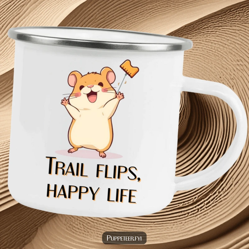 Funny camping mug with a happy hamster directing a hamster puppet in a somersault, ready for the wild.