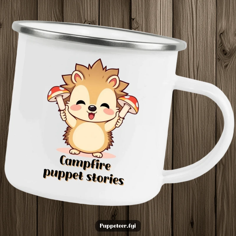 Funny camping mug showing a playful hedgehog controlling giggling mushroom puppets, designed for adventurous forest explorers.