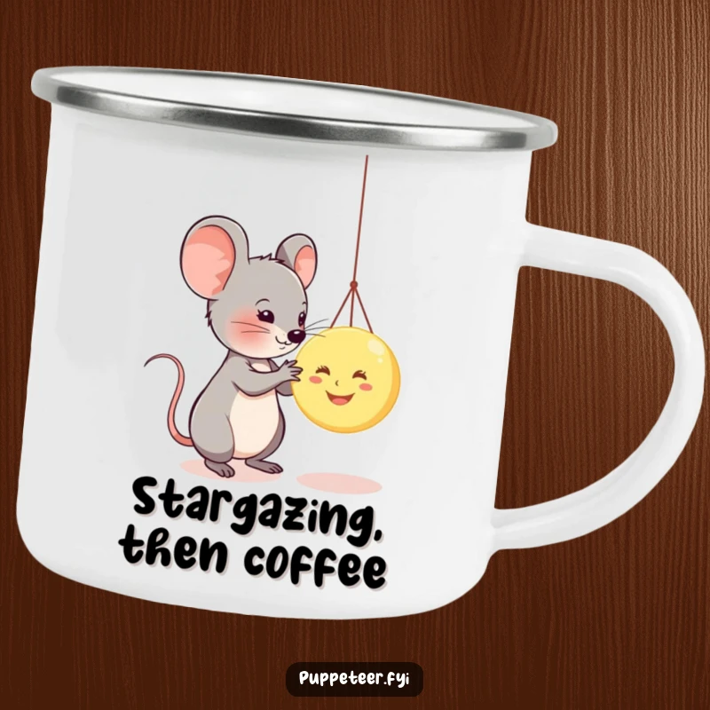Funny camping mug with a mouse and smiling moon puppet, designed for outdoor adventures and humorous enjoyment.