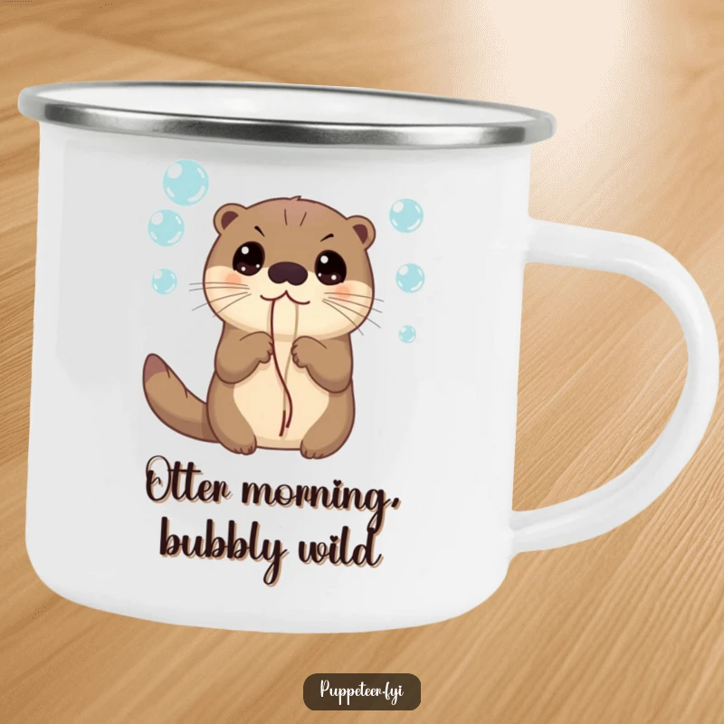 Funny camping mug featuring a curious otter with wide eyes, holding bubble strings, perfect for enjoying drinks during playful adventures.