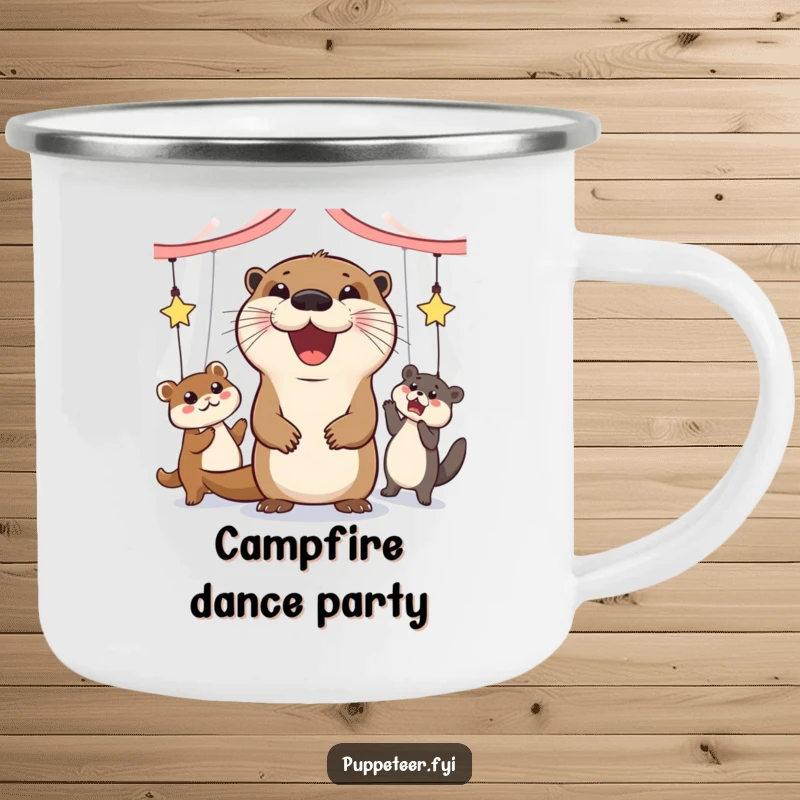 Funny camping mug with a jolly otter making animal puppets dance, perfect for outdoor fun.