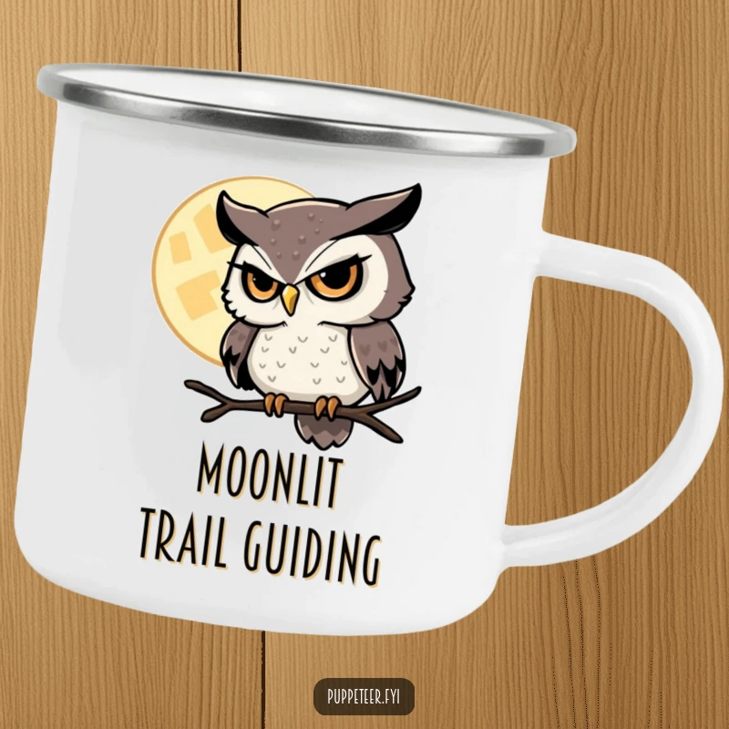 Funny Owl Camping Mug featuring a sly owl controlling the moon, perfect for enjoying drinks outdoors under the night sky.