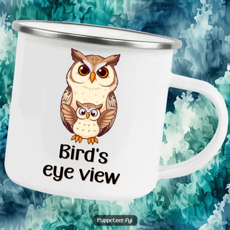 Funny owl camping mug showing a wise owl watching a small owl puppet flap, perfect for outdoor humor and drinks.