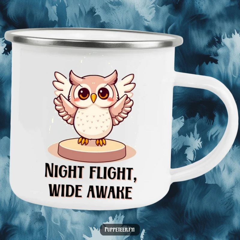 Funny camping mug with a cheerful owl in a spotlight, wings spread in a grand gesture, ready for campfire stories and laughter.