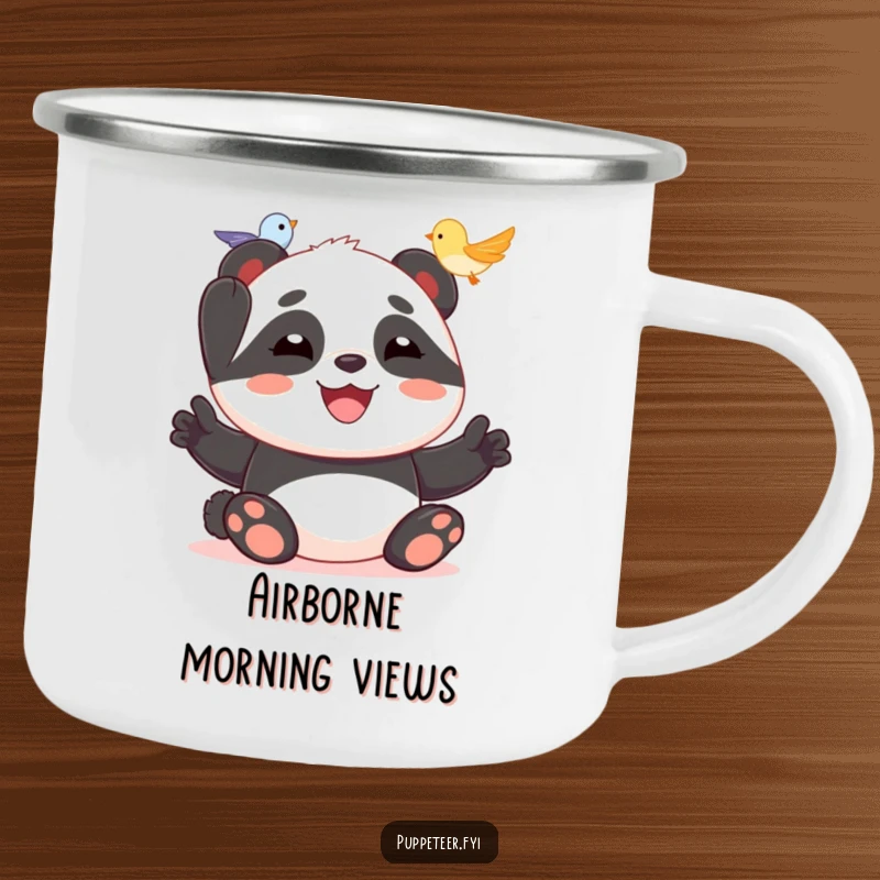 Funny camping mug featuring a joyful panda making a tiny bird puppet fly, perfect for outdoor enjoyment.