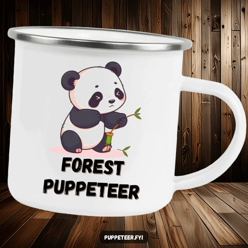 Funny panda camping mug showing a playful panda animating a bamboo puppet with sticks, perfect for outdoor humor.