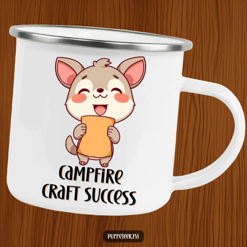 Funny Camping Mug: A delighted animal proudly holds a finished puppet, perfect for celebrating creations outdoors.
