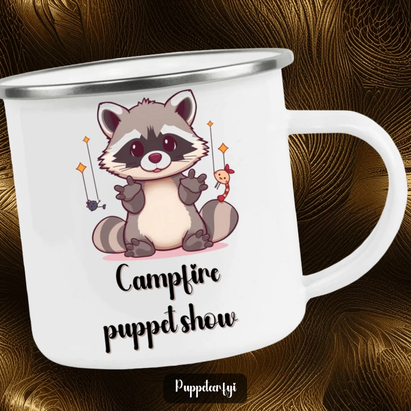 Funny camping mug featuring a dexterous kawaii raccoon operating puppets, perfect for drinks during creative outdoor sessions.