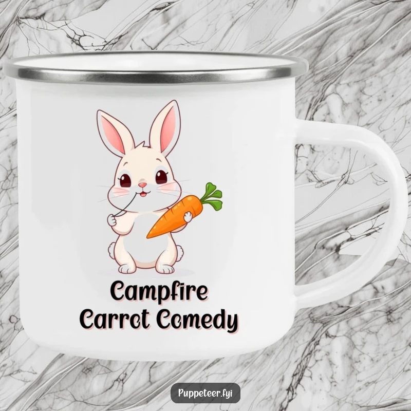 Funny rabbit camping mug where a curious rabbit tugs strings, making a carrot puppet wiggle with outdoor charm.