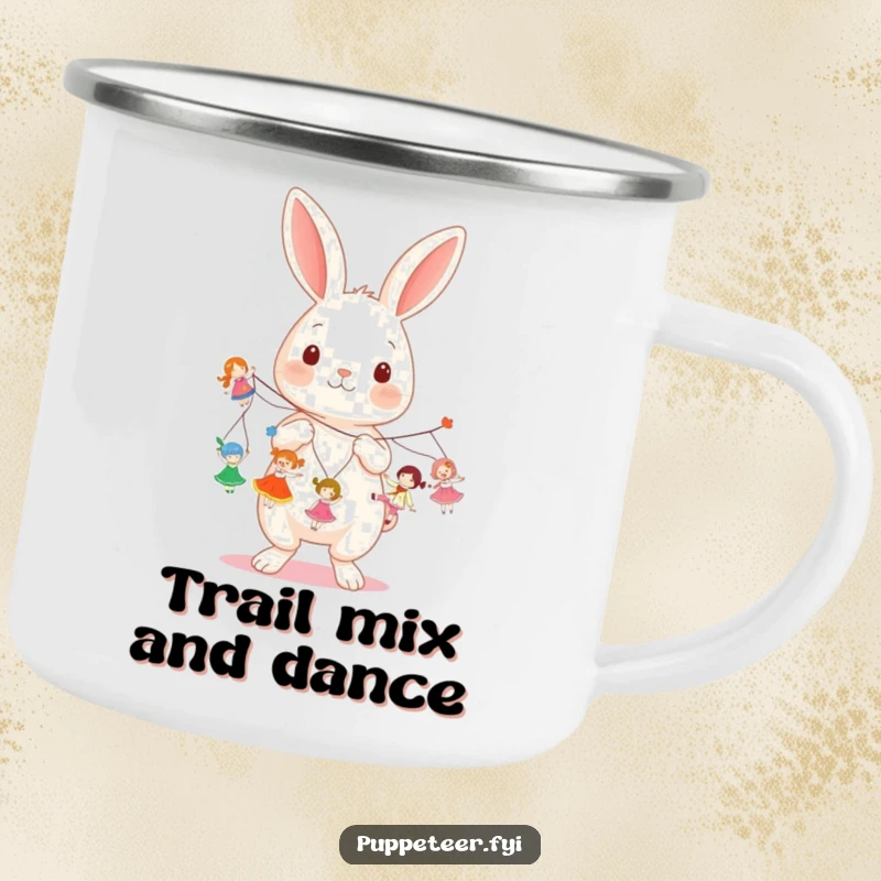 Funny kawaii rabbit holding multiple strings, making small dolls dance on an enamel camping mug, great for a funny gift.