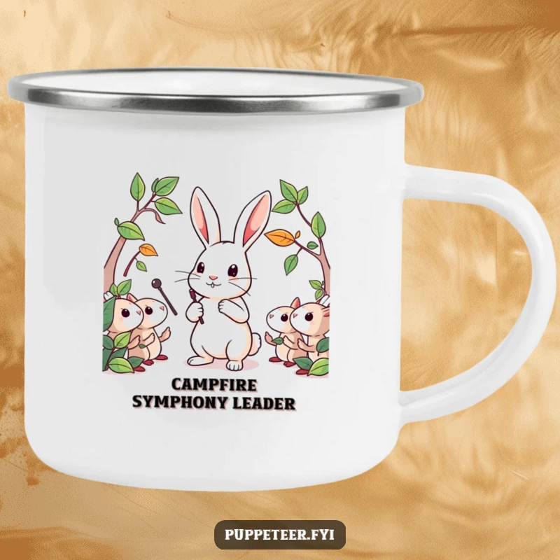 Funny camping mug showing a determined rabbit conducting leaf puppets with a tiny baton, designed for nature-loving adventurers.