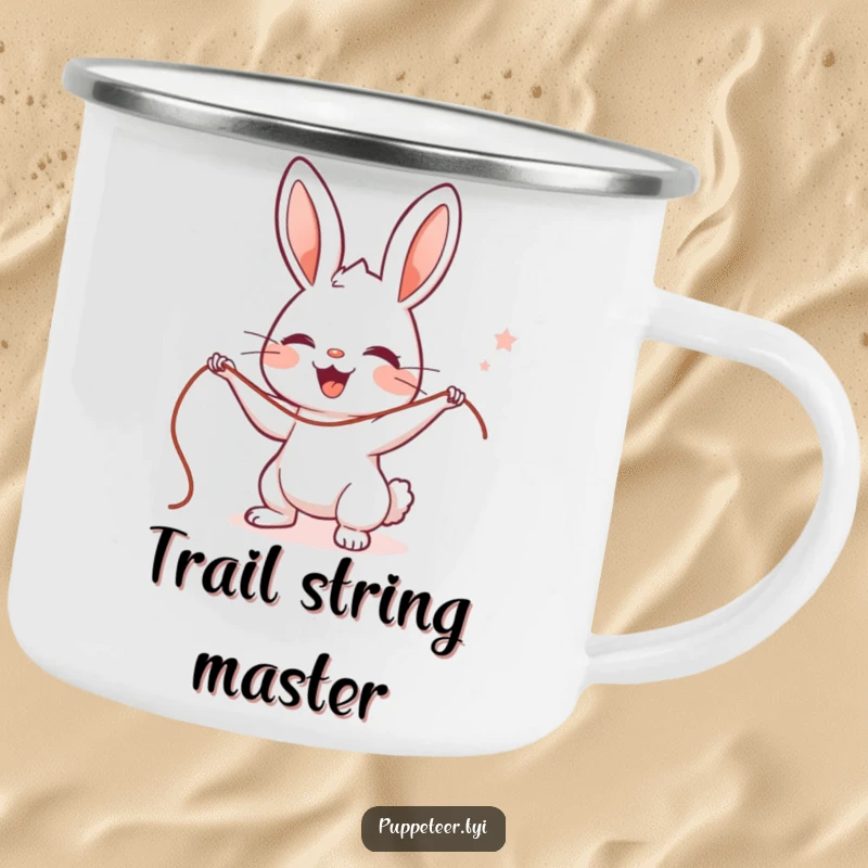 Funny Rabbit Puppet Master Camping Mug with a cute, delighted character expertly managing strings, a humorous outdoor gift.