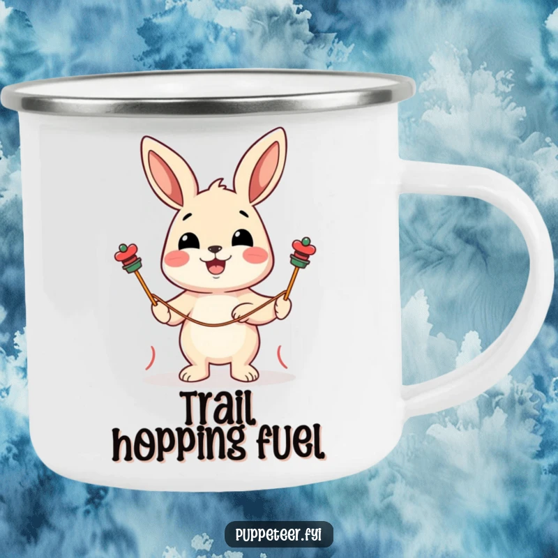 Funny camping mug showing a cheerful rabbit character guiding string puppets with a delighted expression, for outdoor fun.