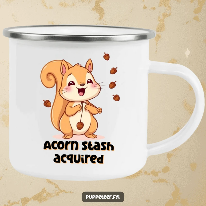 Funny Squirrel Camping Mug showing a cheerful squirrel making acorns fly, perfect for enjoying drinks outdoors with a playful touch.