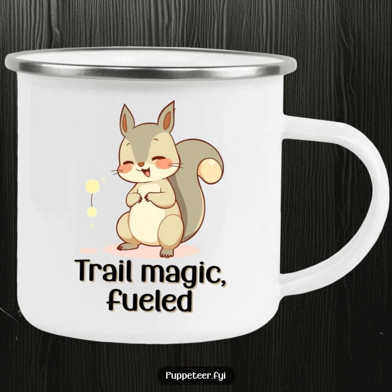 Funny camping mug with a giggling squirrel using its tail to manipulate glowing orbs, perfect for magical moments in the wild.