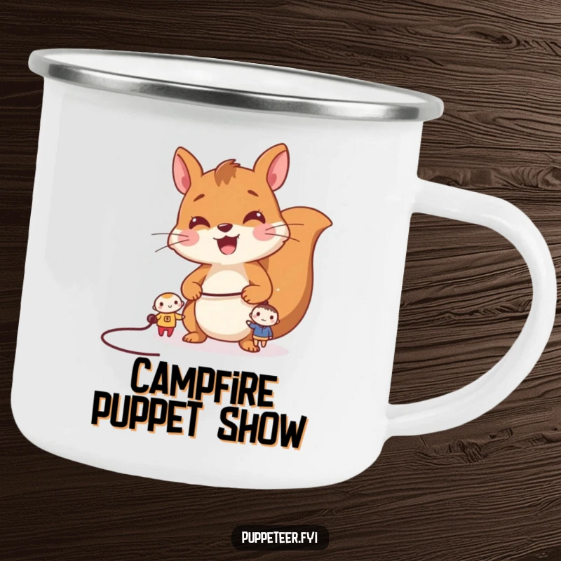 Funny squirrel camping mug with a cheerful squirrel controlling two tiny characters by a string, bringing playful humor to outdoor drinks.