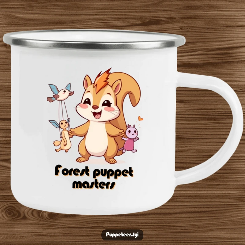 Funny camping mug shows a smiling, giggling squirrel expertly manipulating two puppet toys airborne with strings.