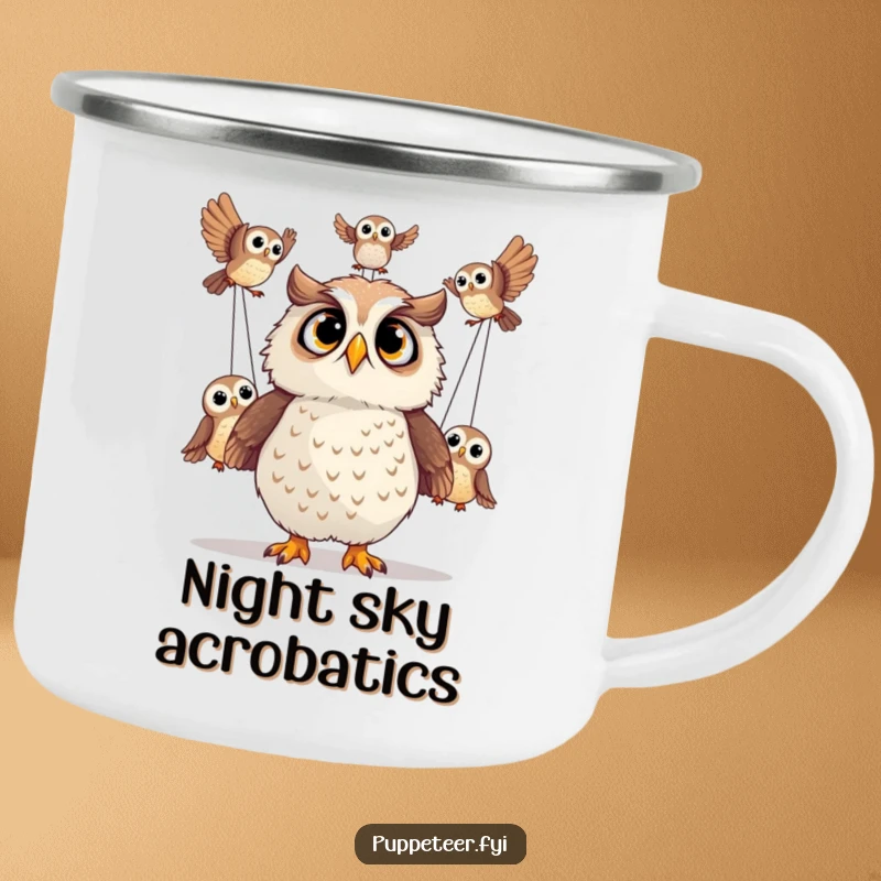 Funny camping mug with a surprised owl watching owl puppets perform acrobatics, perfect for outdoor viewing.