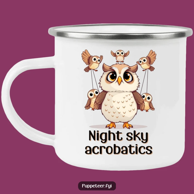 Funny Surprised Owl Acrobatics Camping Mug: Adventure Fuel for Spectators
