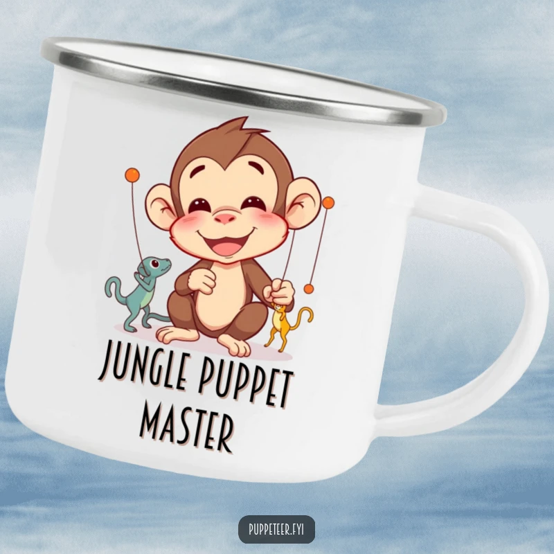 Funny Monkey Puppet Master Camping Mug featuring a delighted monkey concentrating on intricate puppet movements, a humorous outdoor gift.