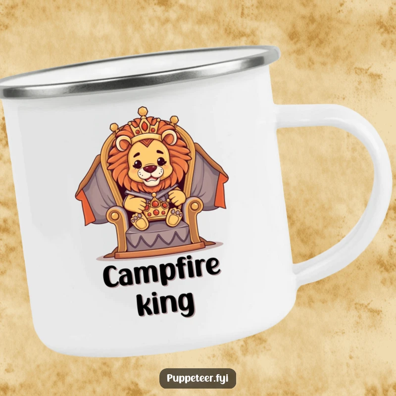 Funny camping mug showing a proud lion puppet master on a throne directing a tiny crown puppet, ideal for regal adventurers.