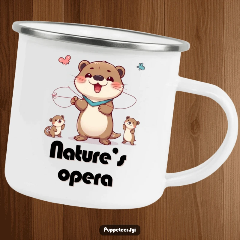 Funny camping mug depicting a delighted otter controlling animal puppets with strings, ready to entertain during outdoor escapades.
