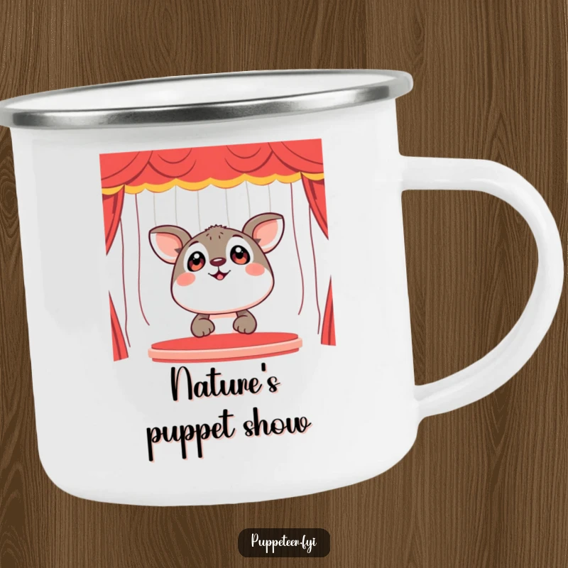 Funny Camping Mug: A happy animal with wide eyes looks up in awe at a puppet show, perfect for outdoor enjoyment.