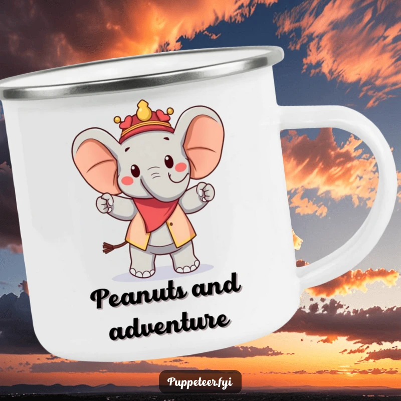 Funny camping mug showing a joyful elephant puppet master, directing a peanut puppet in a proud march, perfect for outdoor humor.