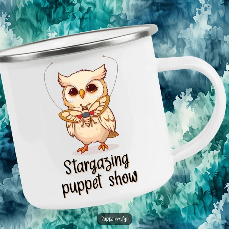 Funny camping mug showing a whimsical owl controlling a moth puppet with strings, bringing magical charm to outdoor settings.