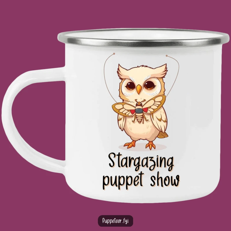 Funny Owl Moth Puppet Camping Mug: Whimsical Magic for Outdoor Nights