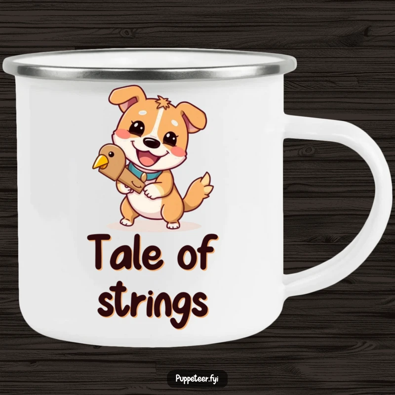 Funny dog camping mug with a playful dog and a cheerful grin controlling a wooden bird, ideal for outdoor humor.