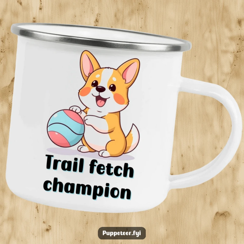 Funny camping mug featuring an enthusiastic corgi playing with a bouncing ball puppet, perfect for outdoor fun.