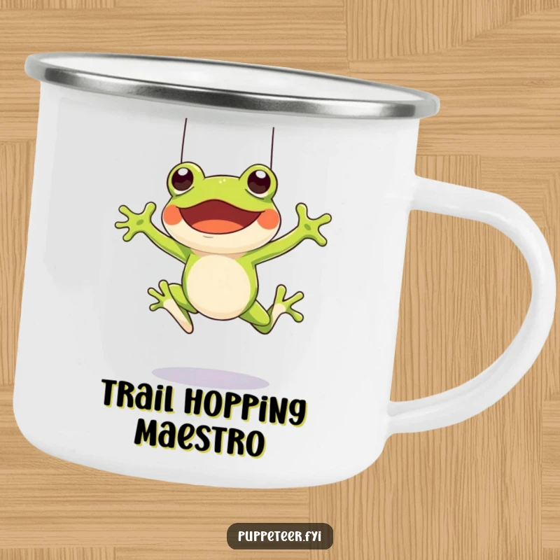 Funny camping mug showing a cheerful frog controlling a frog puppet with strings, bringing leaping fun to outdoor settings.