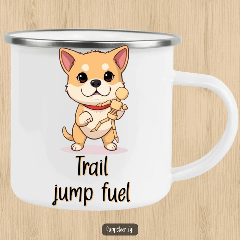 Funny dog camping mug with a determined dog concentrating, operating a wooden marionette in mid-jump, bringing skillful humor to outdoor drinks.