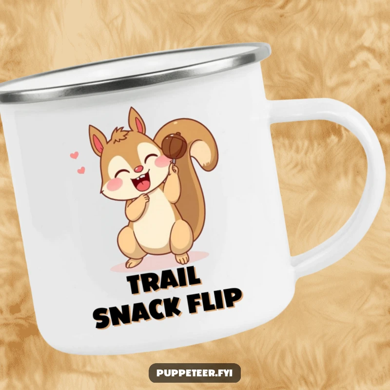 Funny camping mug showing a giggling squirrel making a nut puppet do a somersault, ideal for campers who enjoy playful and energetic designs.