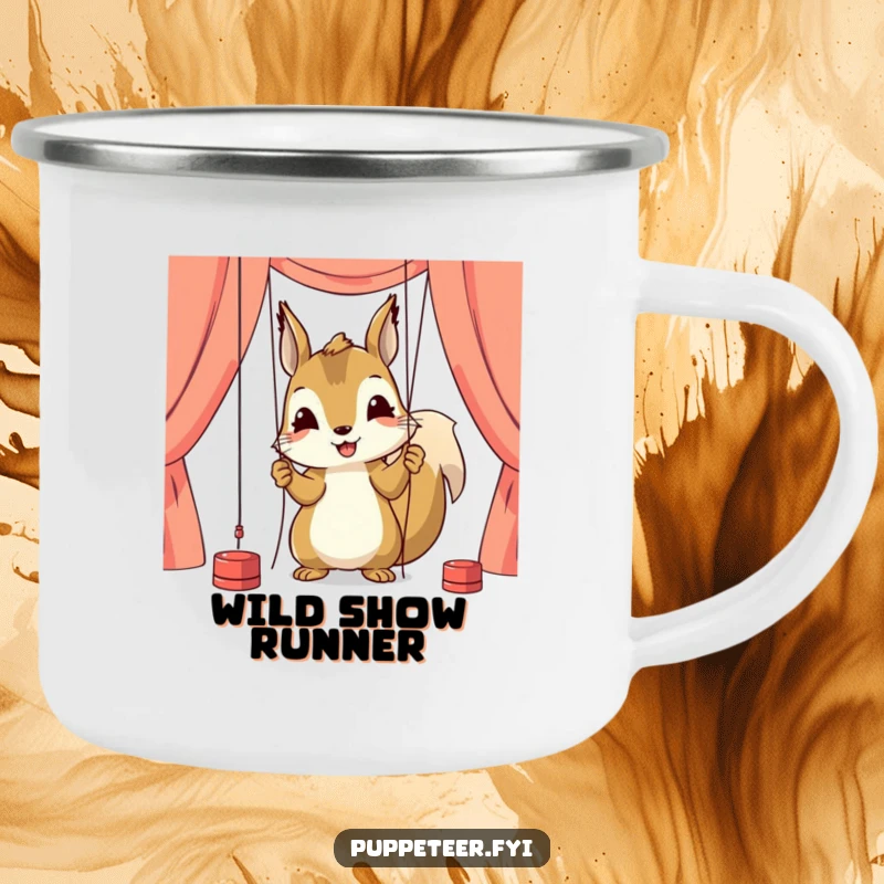 Funny camping mug showing a happy squirrel character meticulously adjusting puppet strings, symbolizing focus during outdoor activities.
