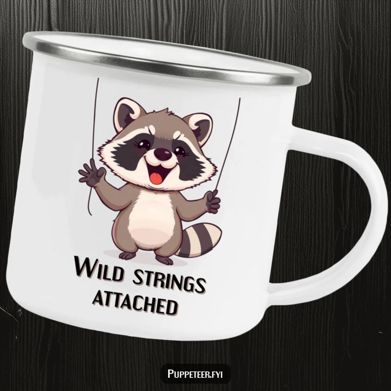 Funny Raccoon Camping Mug: Cheeky raccoon gestures wildly with puppet strings, designed for adventure and humorous enjoyment.