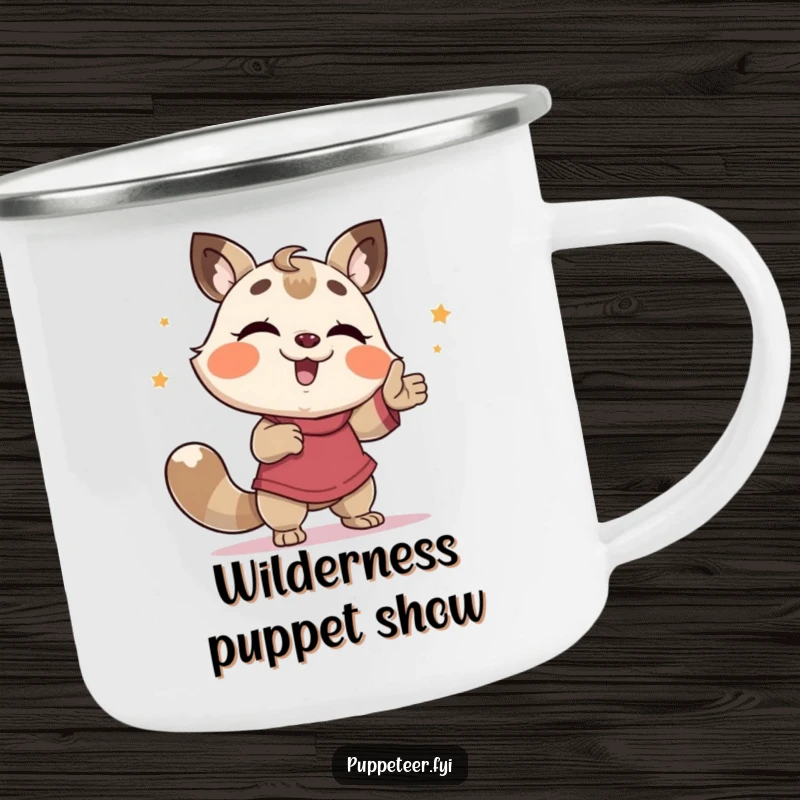 Funny Camping Mug: A giggling animal enthusiastically directs a puppet in a silly dance, ideal for campfire stories.