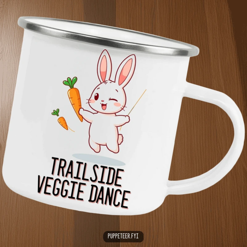 Funny camping mug showing a winking rabbit puppet master making a carrot puppet dance, ideal for campers who enjoy playful designs.