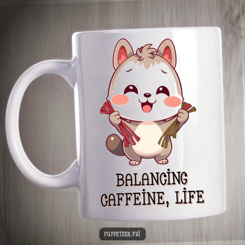Funny mug featuring a smiling animal character focused on holding multiple strings, representing skill and cheerful multitasking.